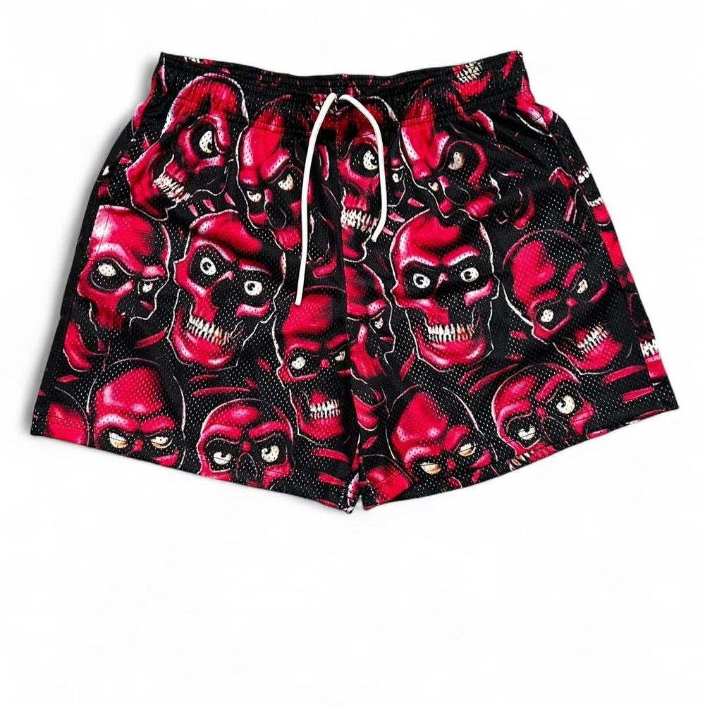 Bravest Studios Red Skully Shorts Mesh Streetwear Skull Graphic Y2K Goth NWT M